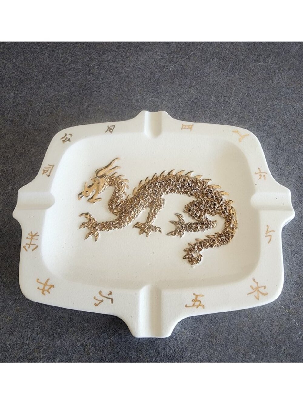 Vintage Mid-Century Ceramic Dragon Ashtray - White & Gold Textured Relief -...